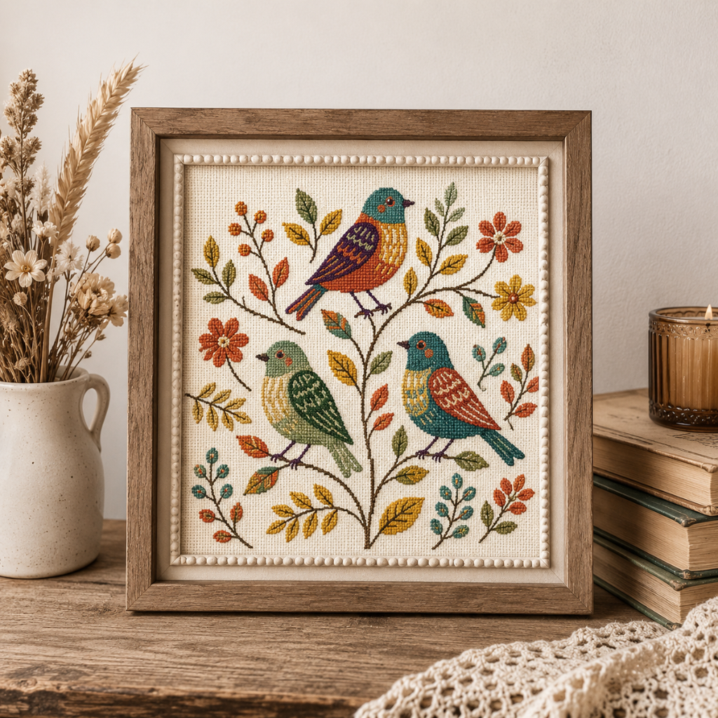 Autumn Birds Cross Stitch Pattern, Beginner Friendly PDF Design