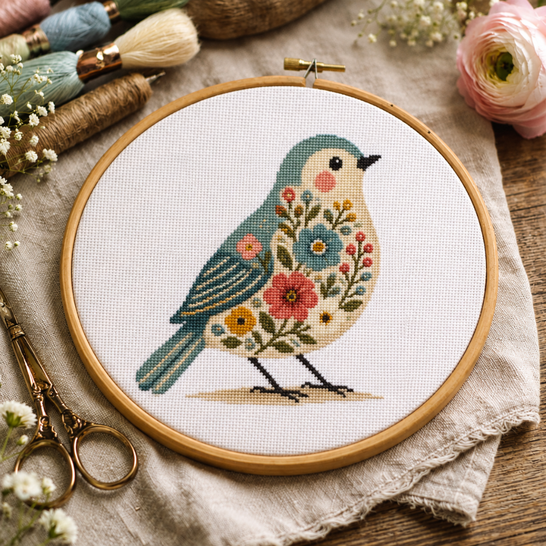 Spring Bird Cross Stitch Pattern, Beginner Friendly Embroidery