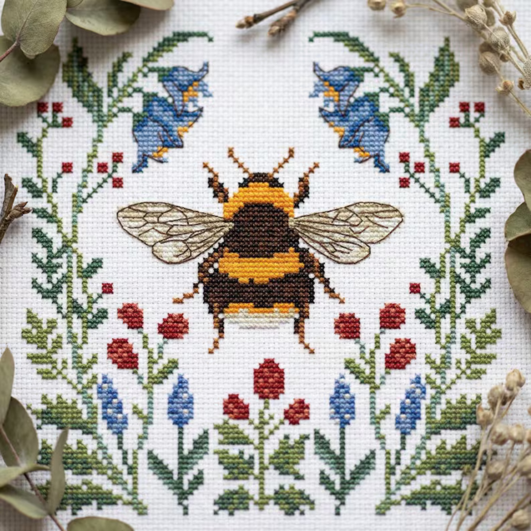 Honey Bee Cross Stitch Pattern, Beginner Friendly Embroidery Design
