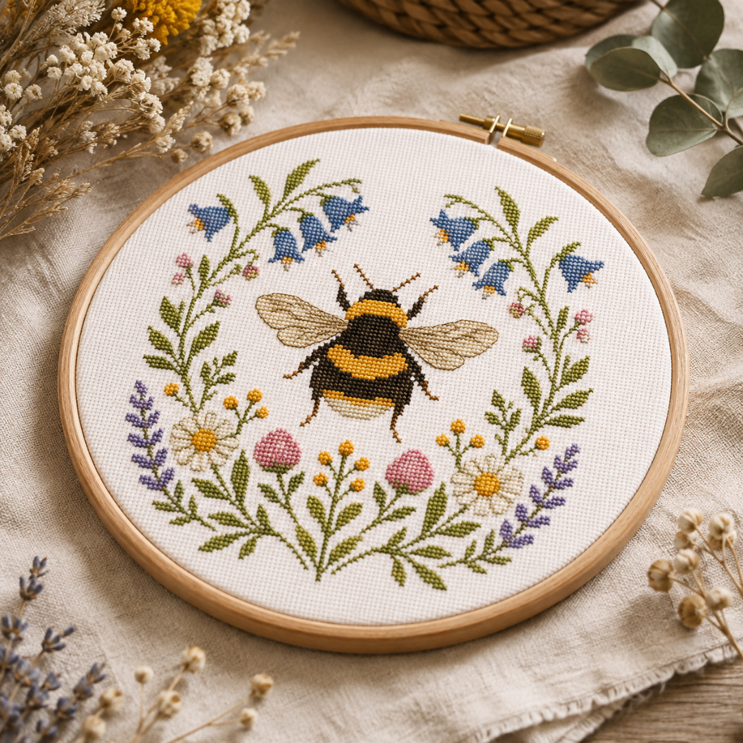 Honey Bee Cross Stitch Pattern, Beginner Friendly Embroidery Design