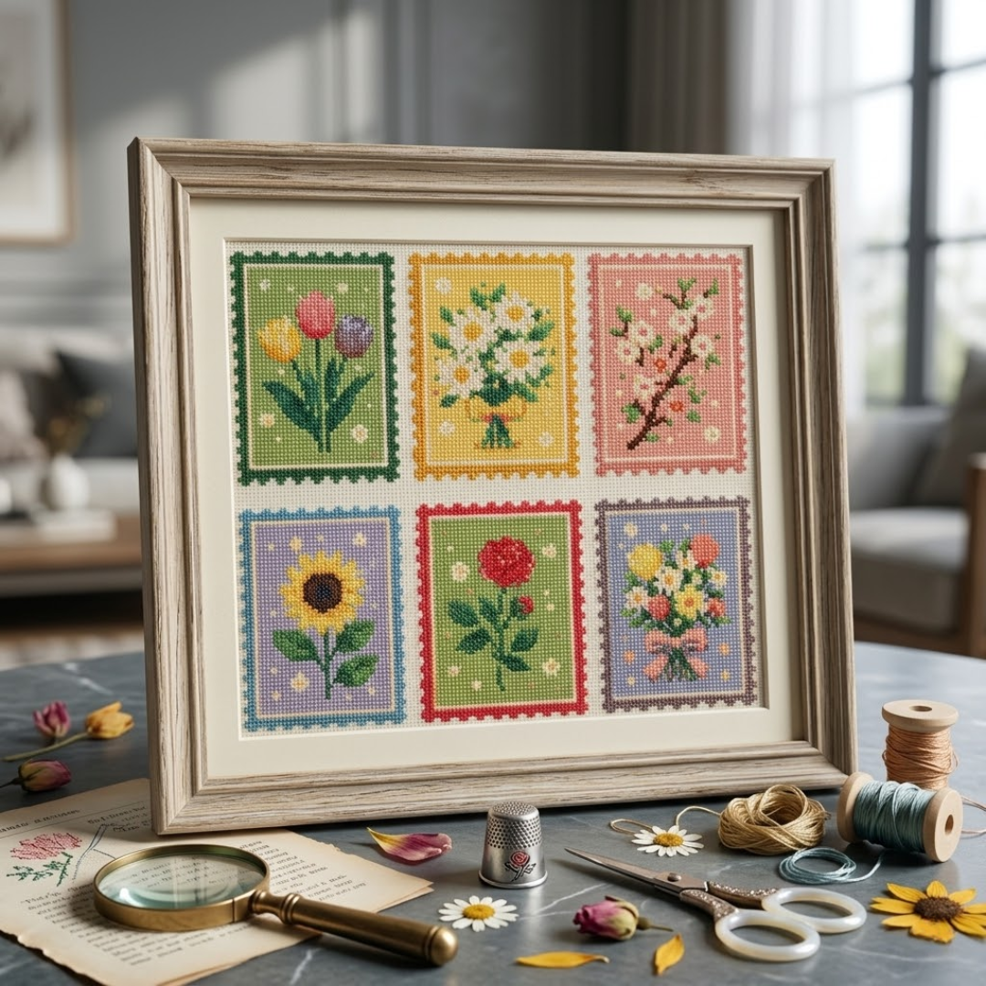 Spring Cross Stitch Pattern, Stamp Inspired Embroidery PDF