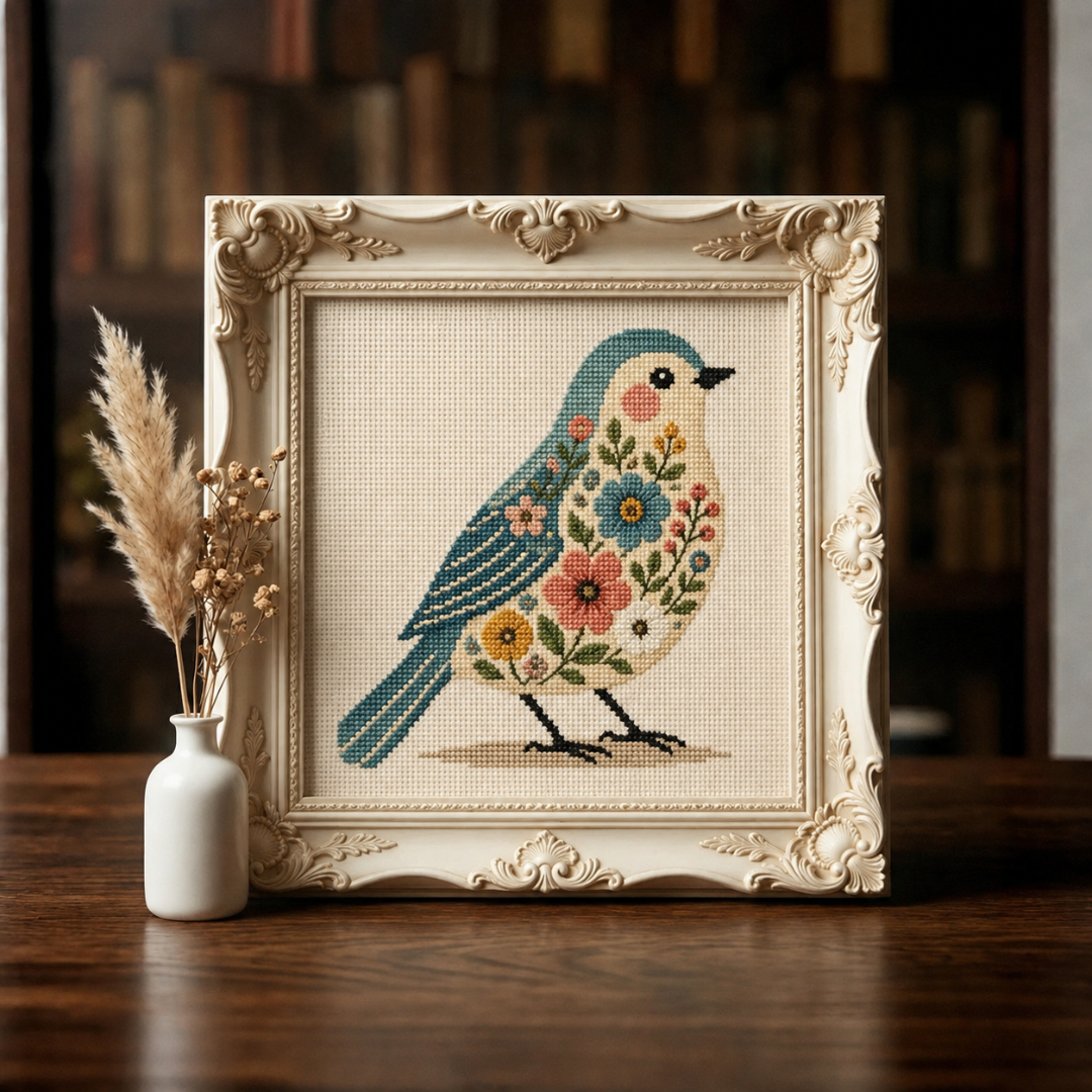 Spring Bird Cross Stitch Pattern, Beginner Friendly Embroidery