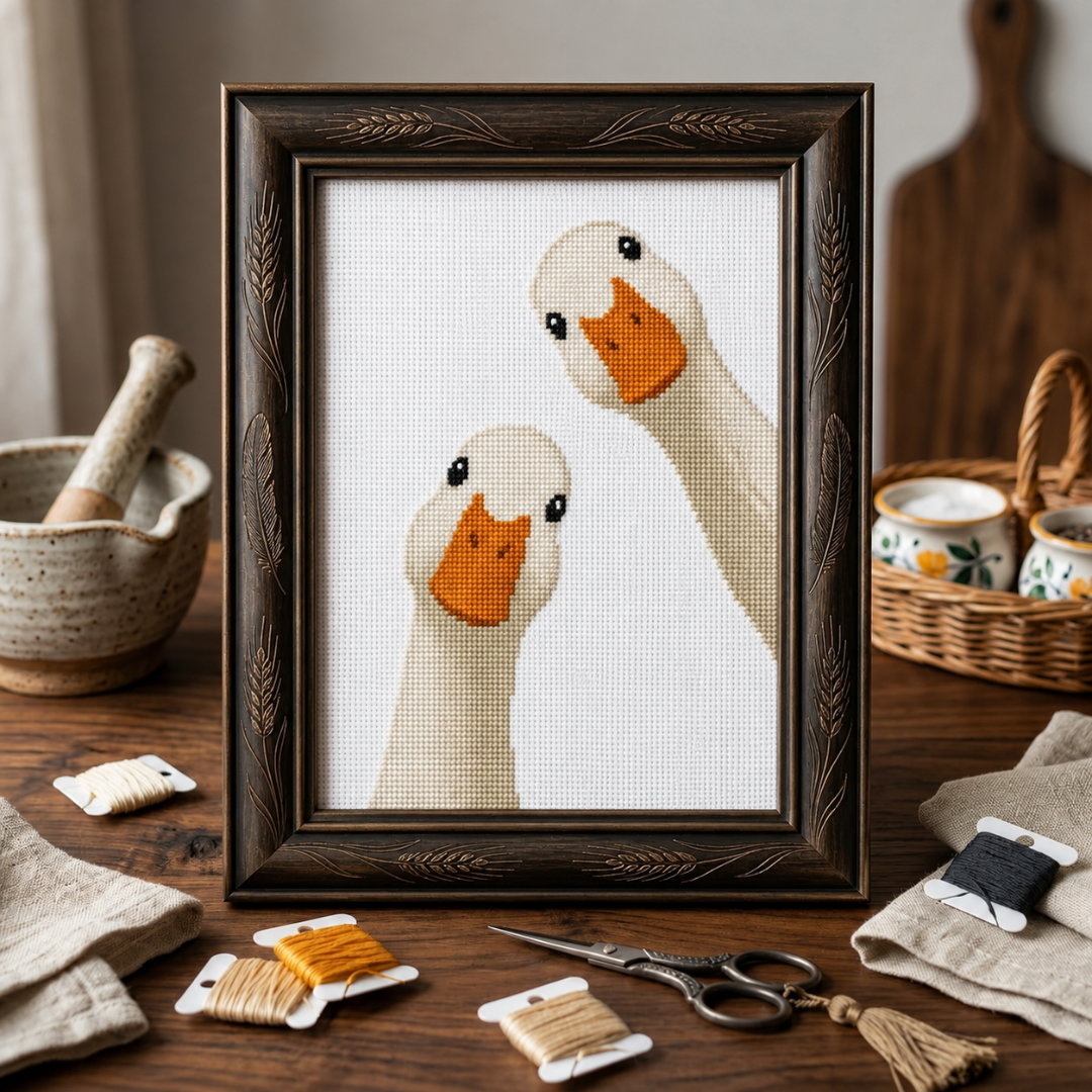 Geese Peeking Cross Stitch Pattern, Lovely Beginner Embroidery Design