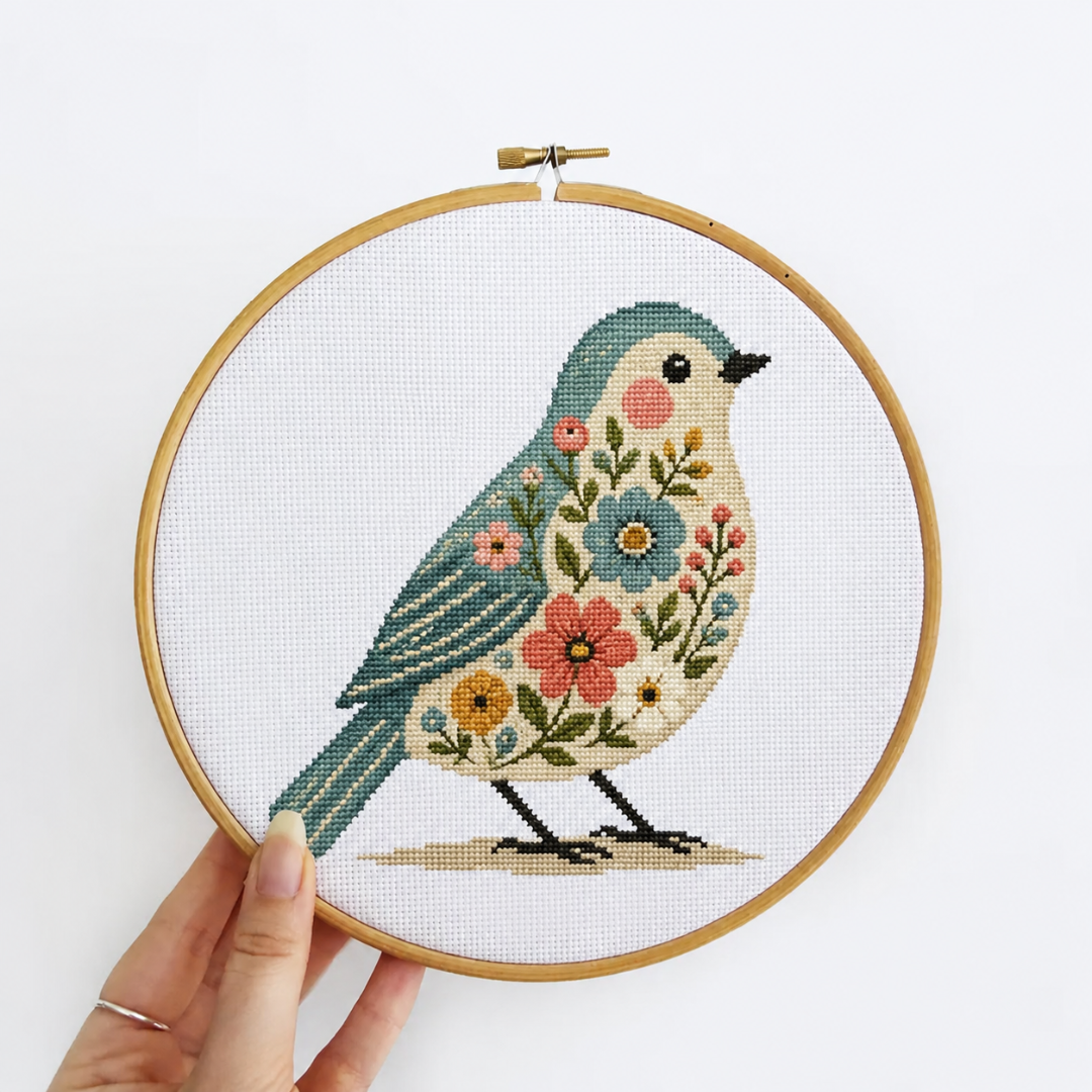Spring Bird Cross Stitch Pattern, Beginner Friendly Embroidery