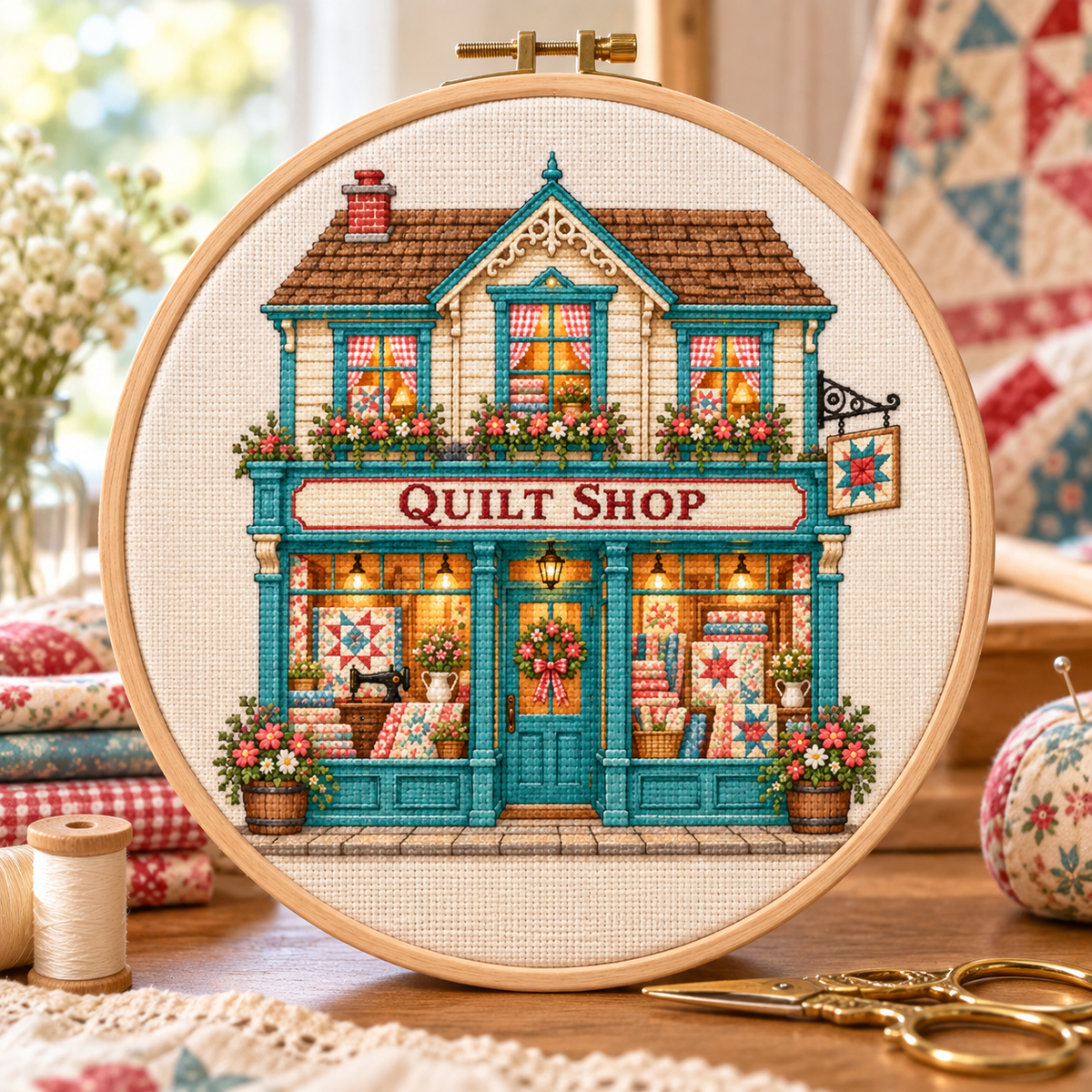 Quilt Shop Cross Stitch Pattern, Printable PDF for Stitchers