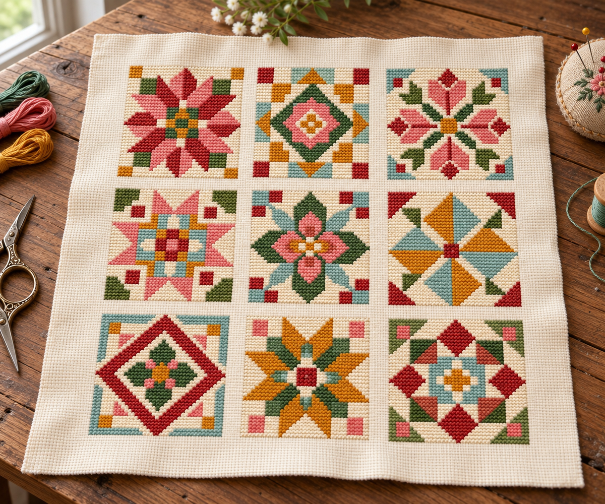 Quilt Block Cross Stitch Pattern, Vintage Farmhouse Sampler Design