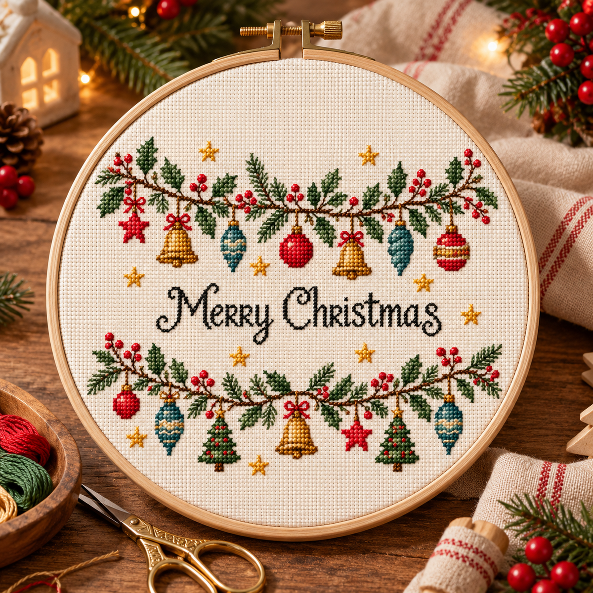 Christmas Wreath Cross Stitch Pattern, Festive Embroidery PDF Download