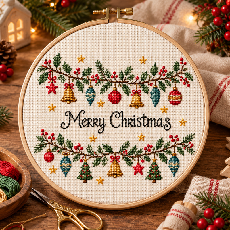 Christmas Wreath Cross Stitch Pattern, Festive Embroidery PDF Download