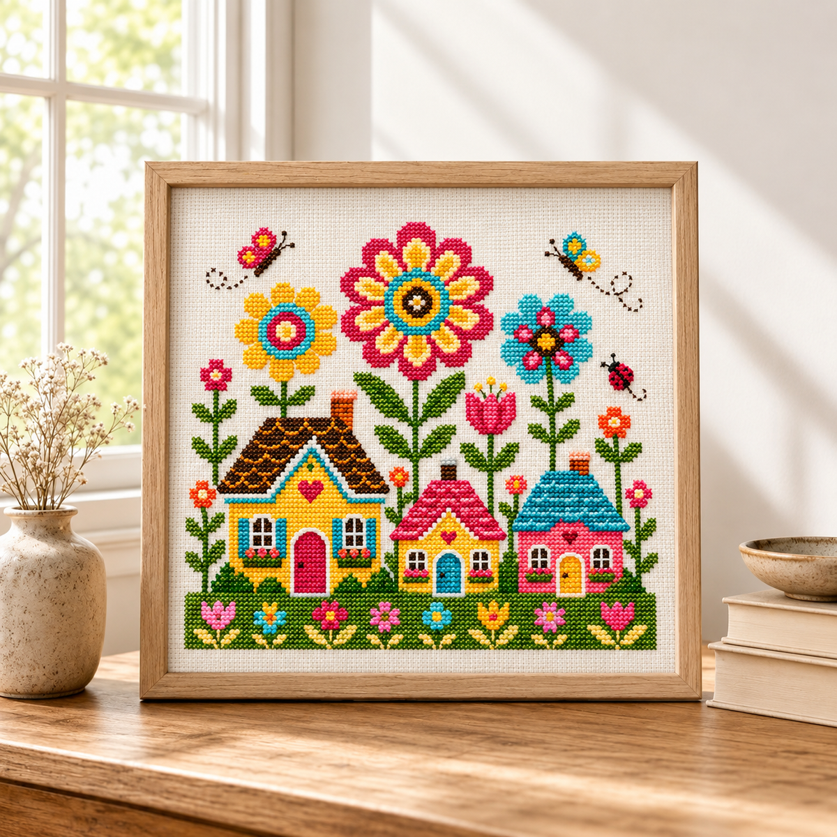 Floral Village Cross Stitch Pattern, Cozy Cottagecore House PDF
