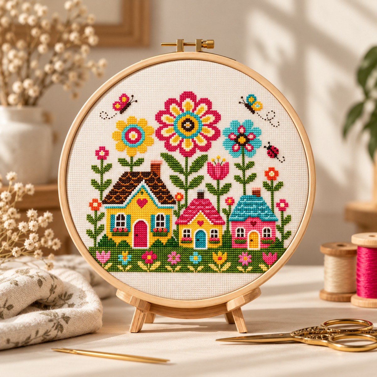 Floral Village Cross Stitch Pattern, Cozy Cottagecore House PDF