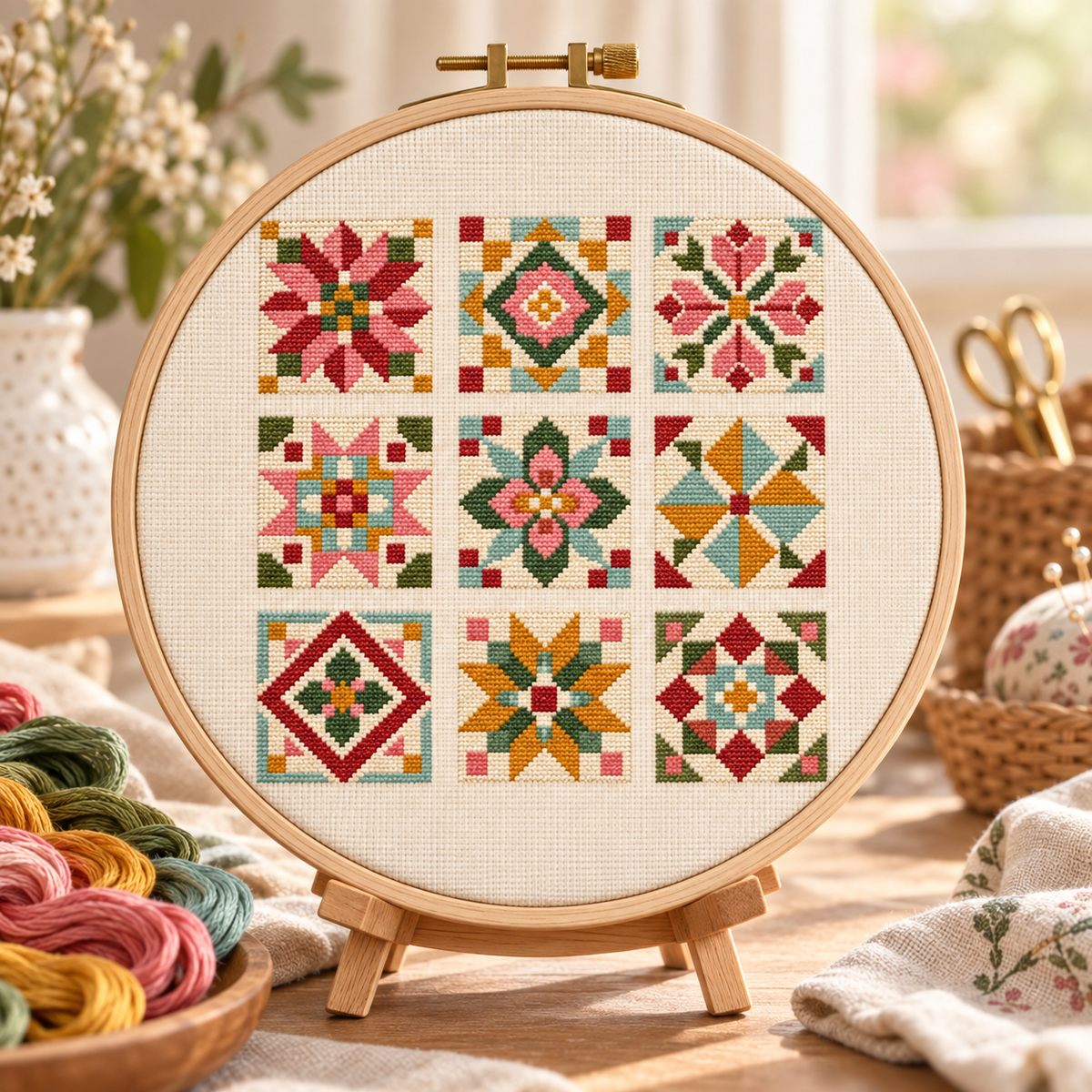 Quilt Block Cross Stitch Pattern, Vintage Farmhouse Sampler Design