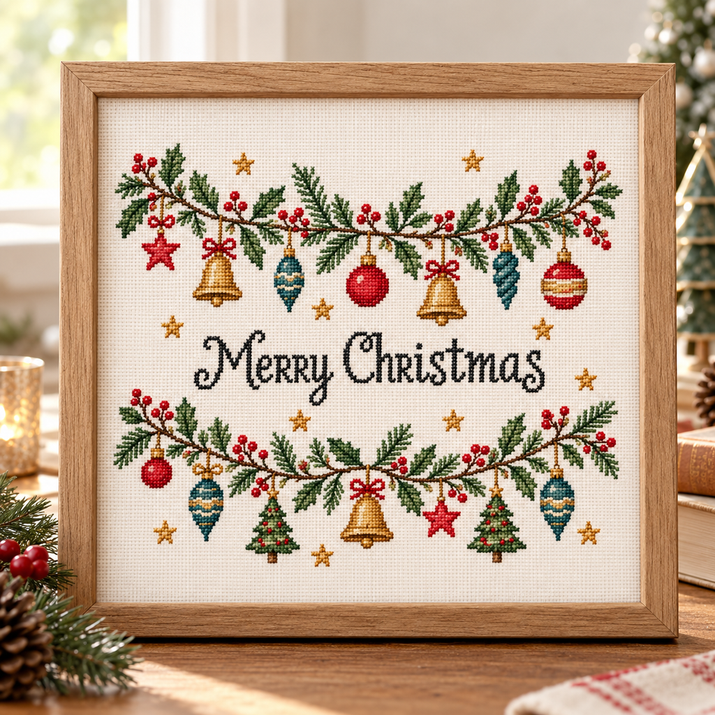 Christmas Wreath Cross Stitch Pattern, Festive Embroidery PDF Download