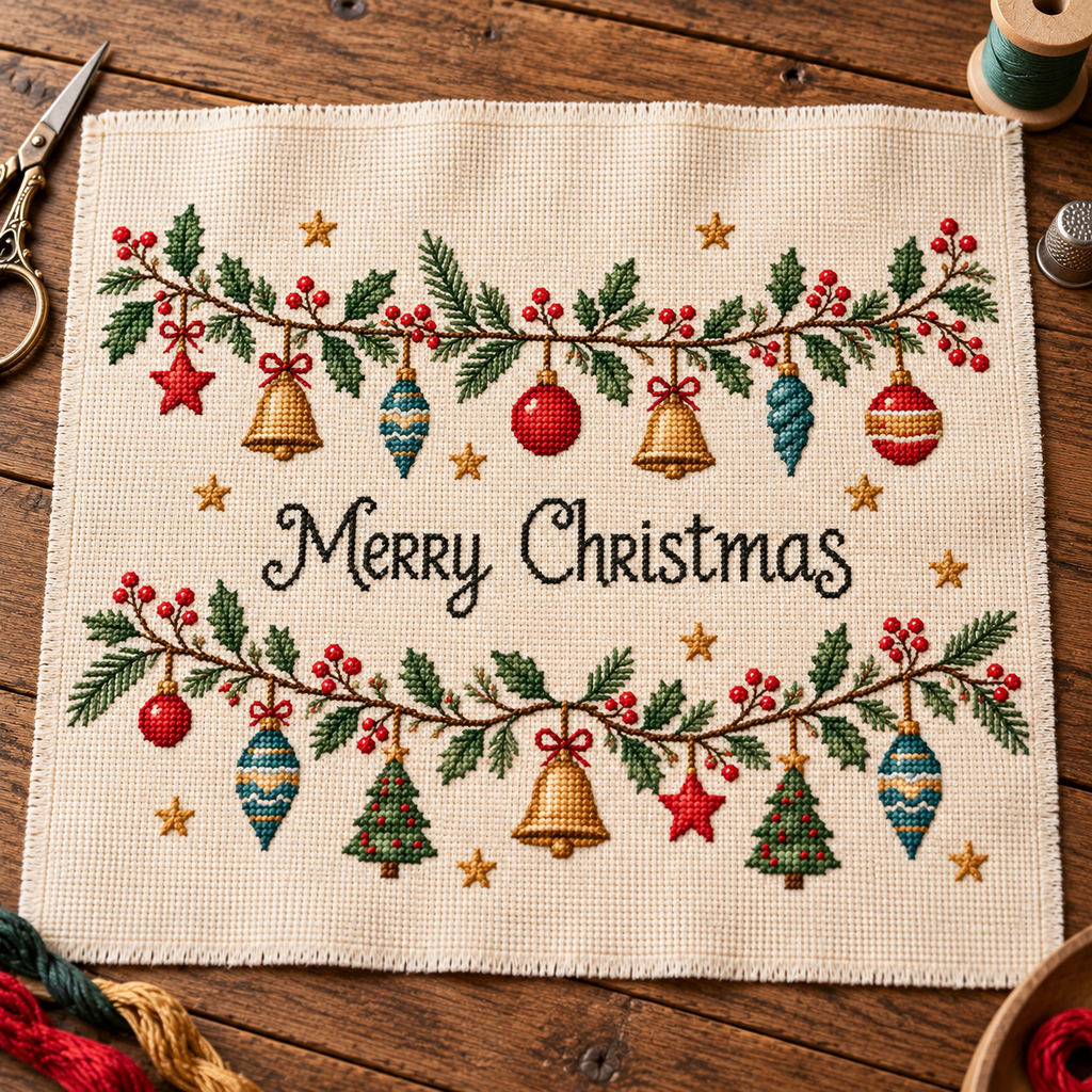 Christmas Wreath Cross Stitch Pattern, Festive Embroidery PDF Download