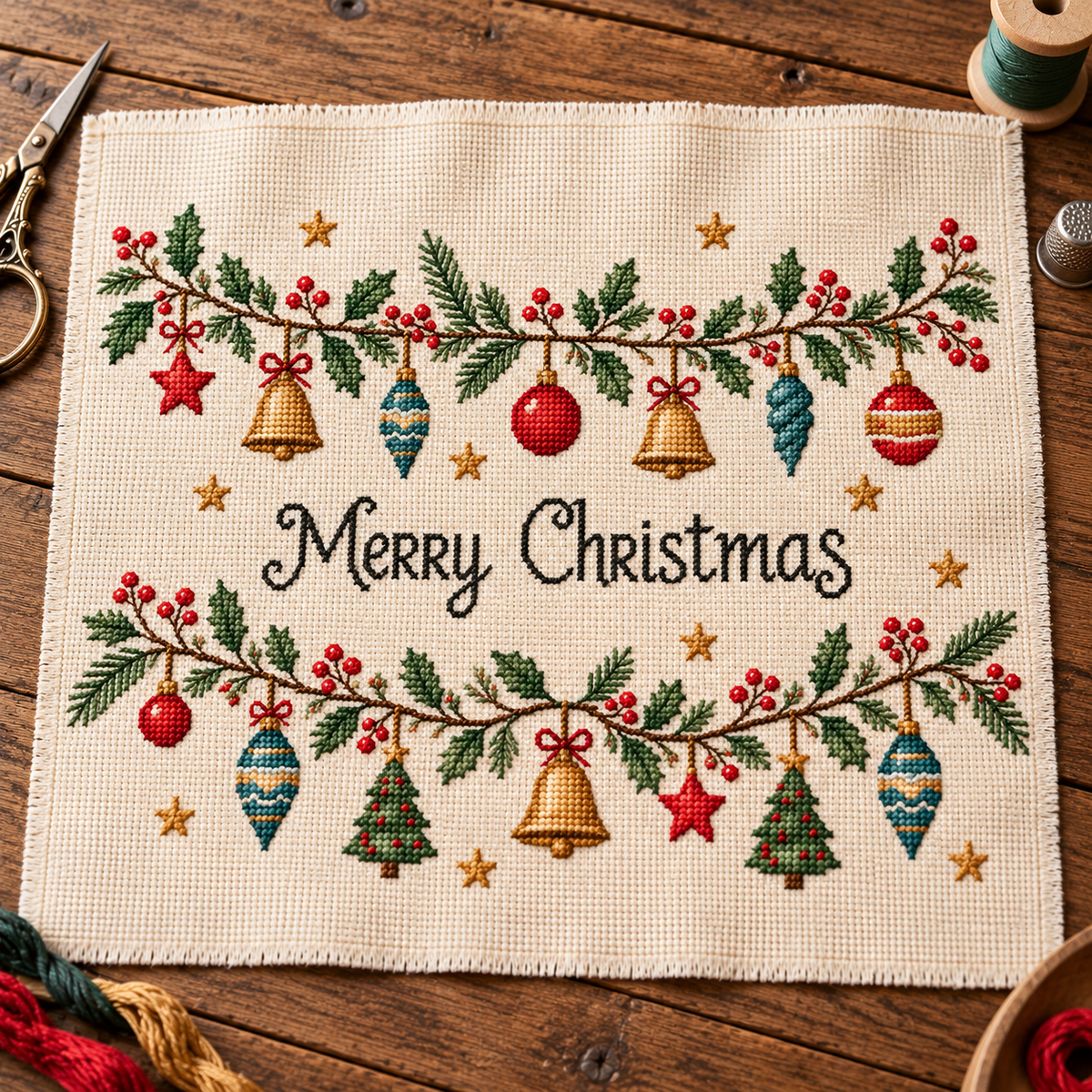 Christmas Wreath Cross Stitch Pattern, Festive Embroidery PDF Download