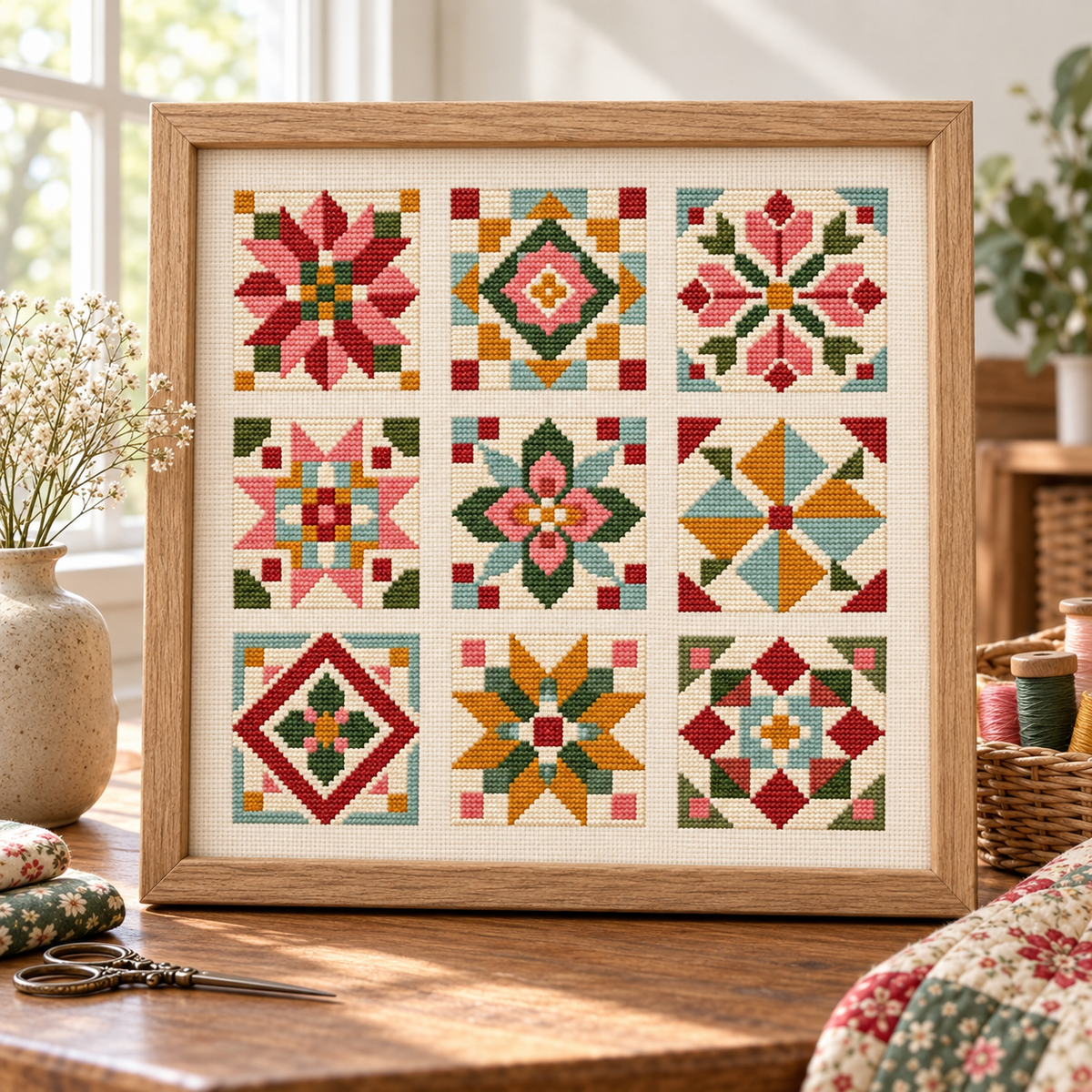 Quilt Block Cross Stitch Pattern, Vintage Farmhouse Sampler Design