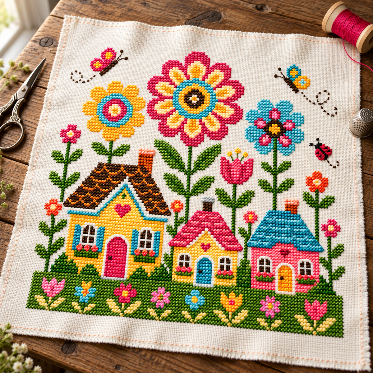 Floral Village Cross Stitch Pattern, Cozy Cottagecore House PDF